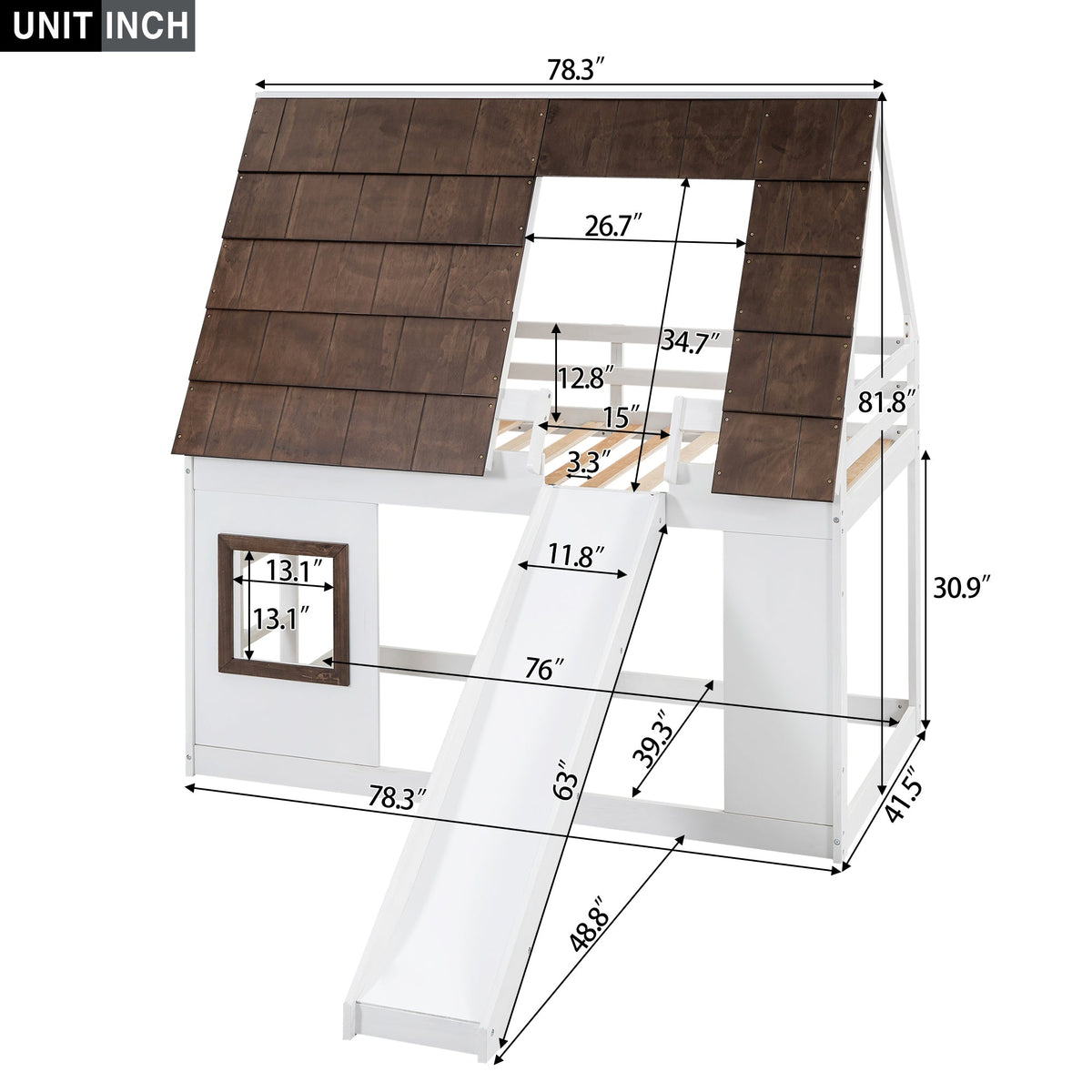Wood Twin Size House Bunk Bed with Roof, Ladder and Slide