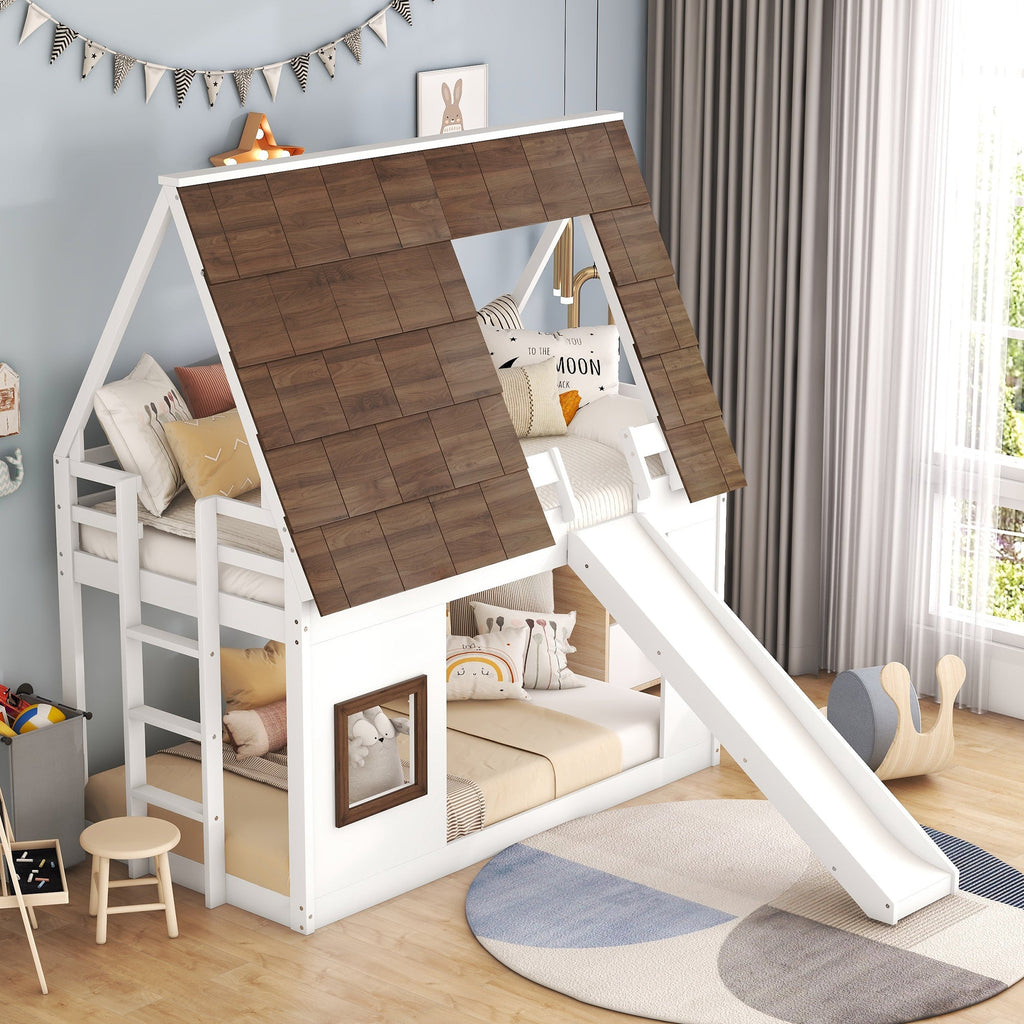 Wood Twin Size House Bunk Bed with Roof, Ladder and Slide