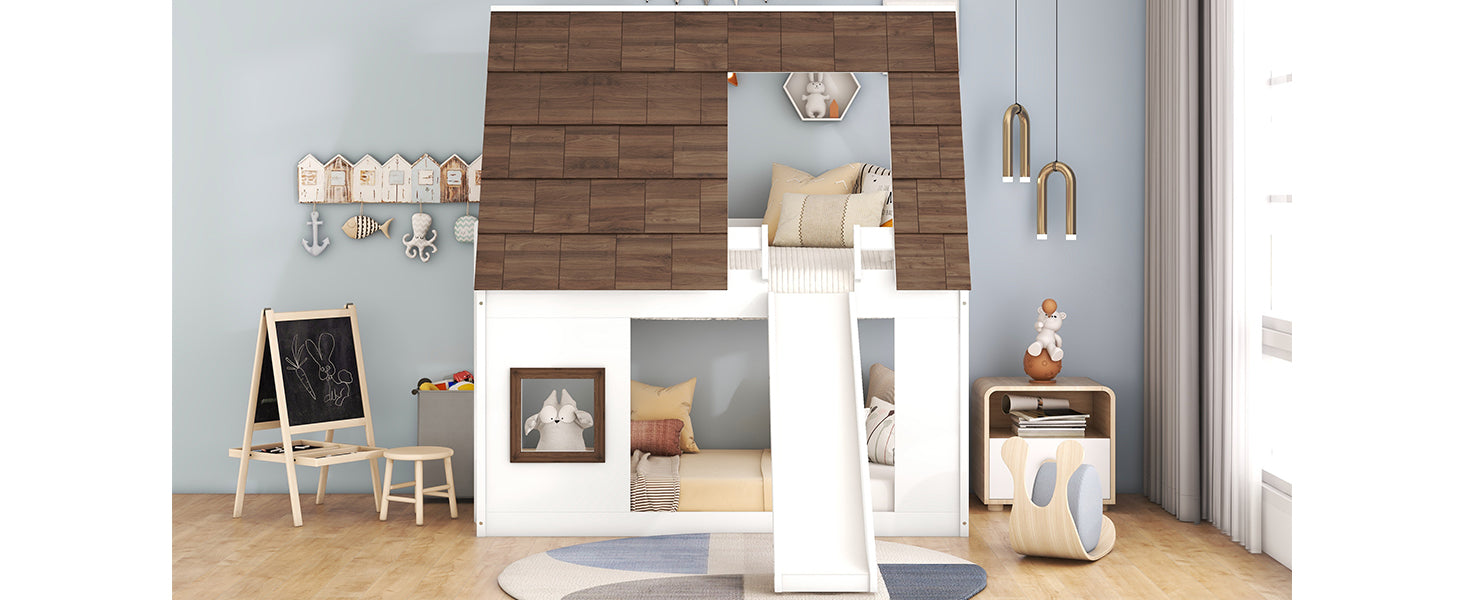 Wood Twin Size House Bunk Bed with Roof, Ladder and Slide