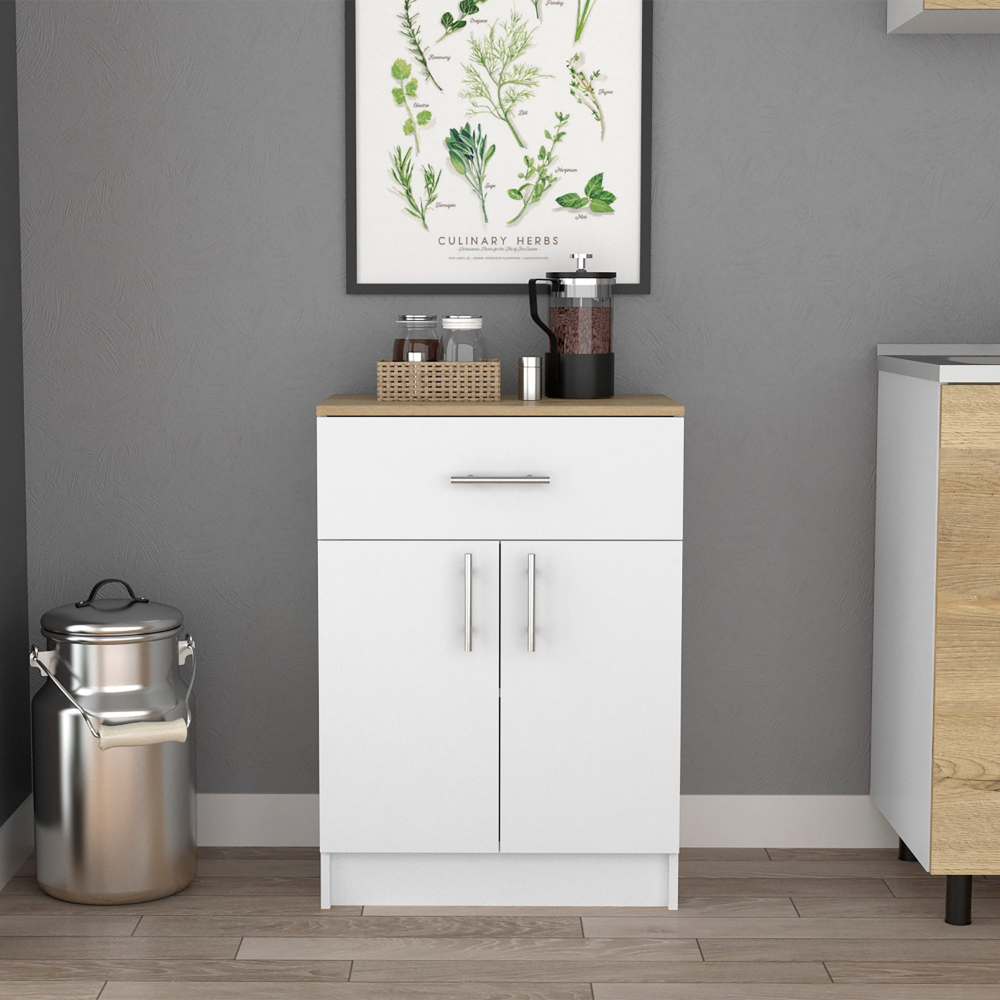 Pantry Organizer Cabinet 33" H, One Drawer, Two Interior Shelves, Two Doors, White/Light