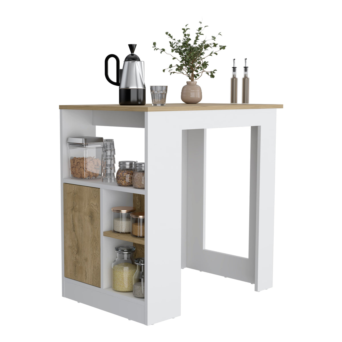 Kitchen Island with Open Storage and Push-to-Open Cabinet