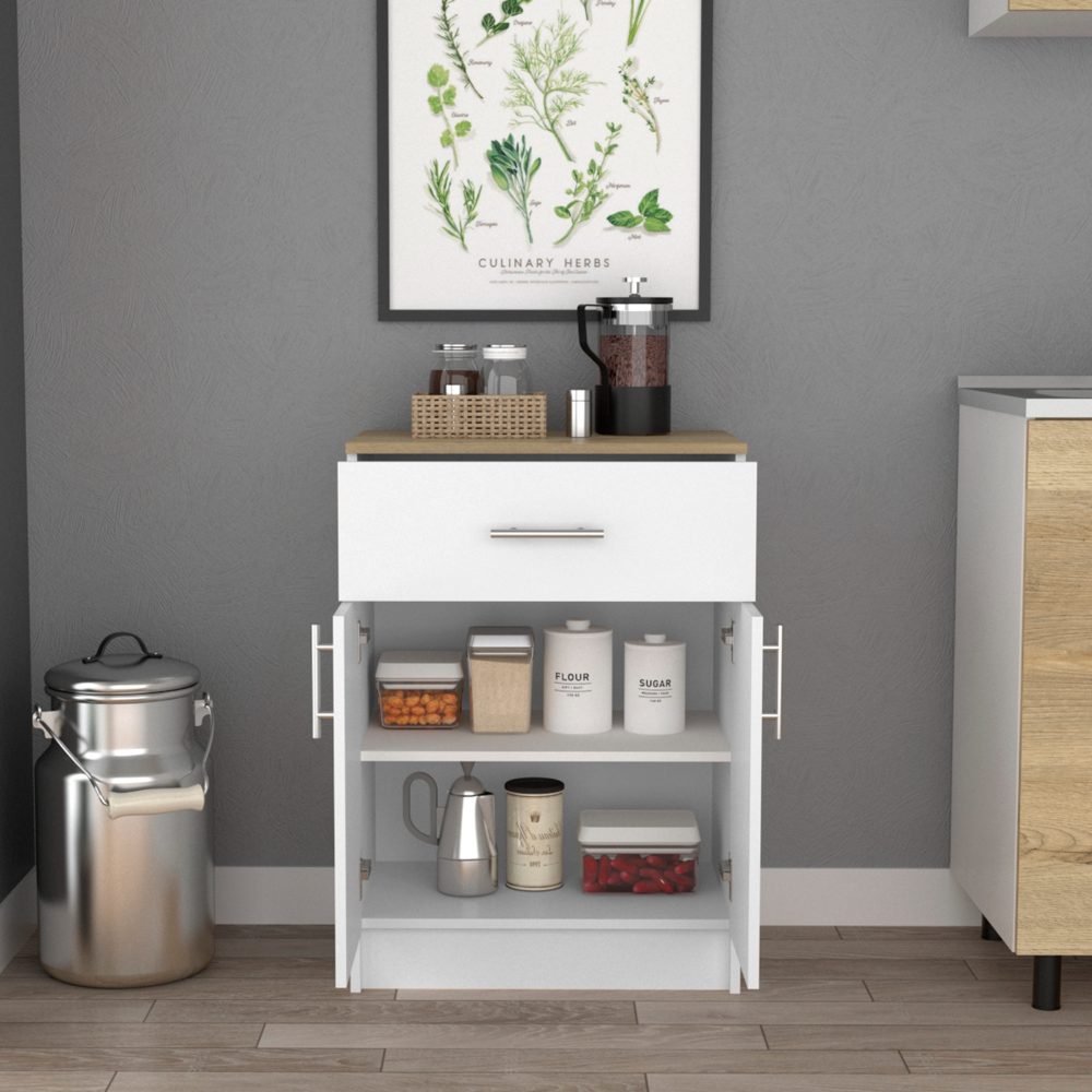 Pantry Organizer Cabinet 33" H, One Drawer, Two Interior Shelves, Two Doors, White/Light