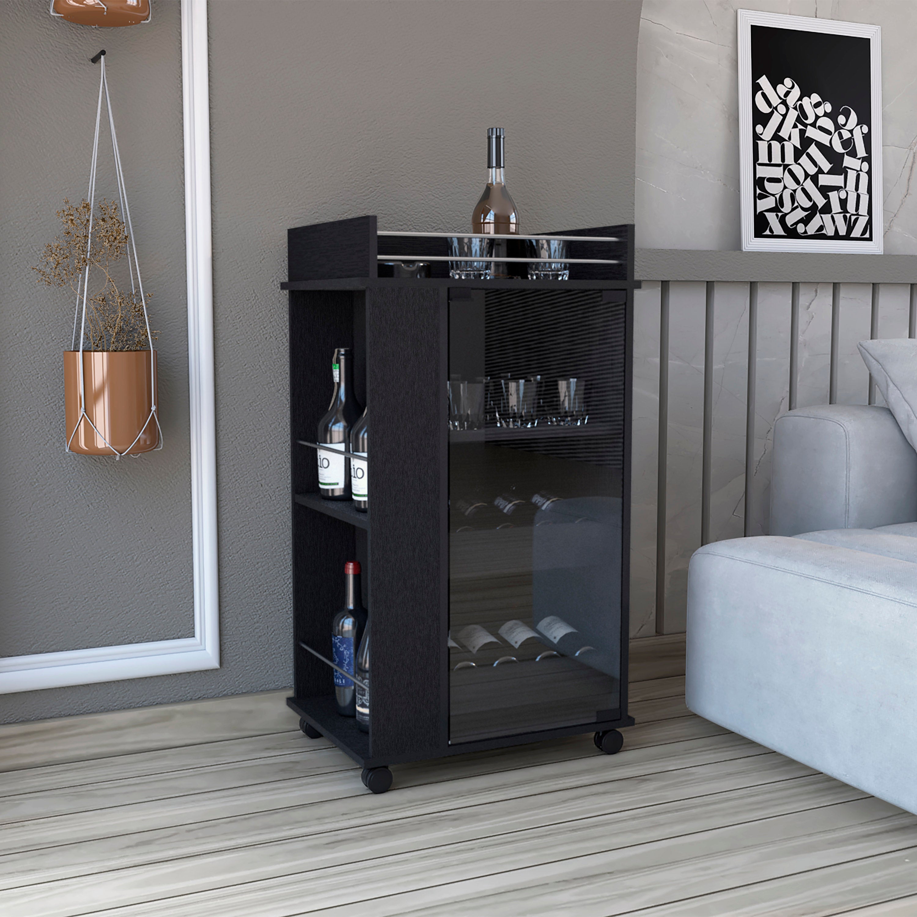 Bar Cart with Glass Door, 2-Side Shelves and Casters