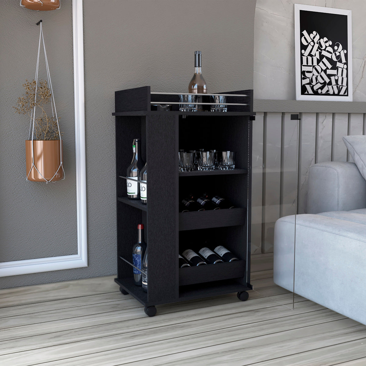 Bar Cart with Glass Door, 2-Side Shelves and Casters