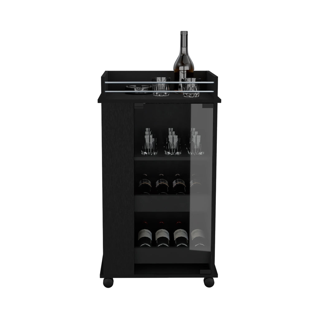 Bar Cart with Glass Door, 2-Side Shelves and Casters