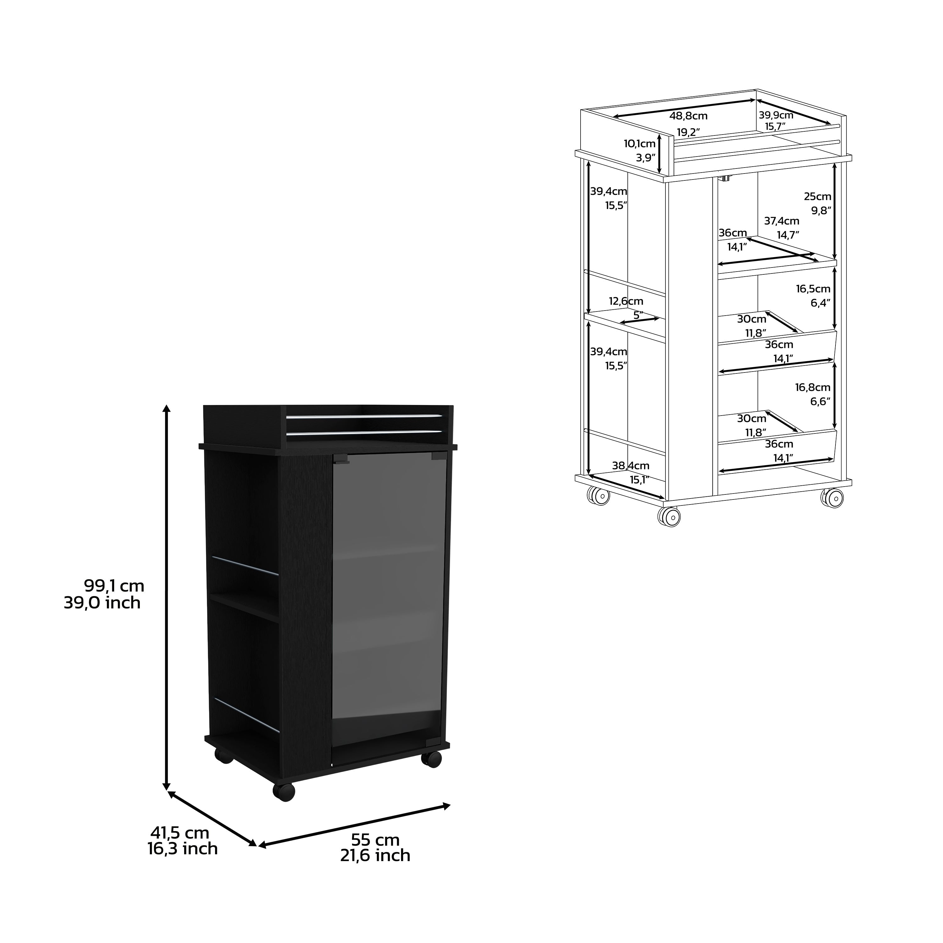 Bar Cart with Glass Door, 2-Side Shelves and Casters