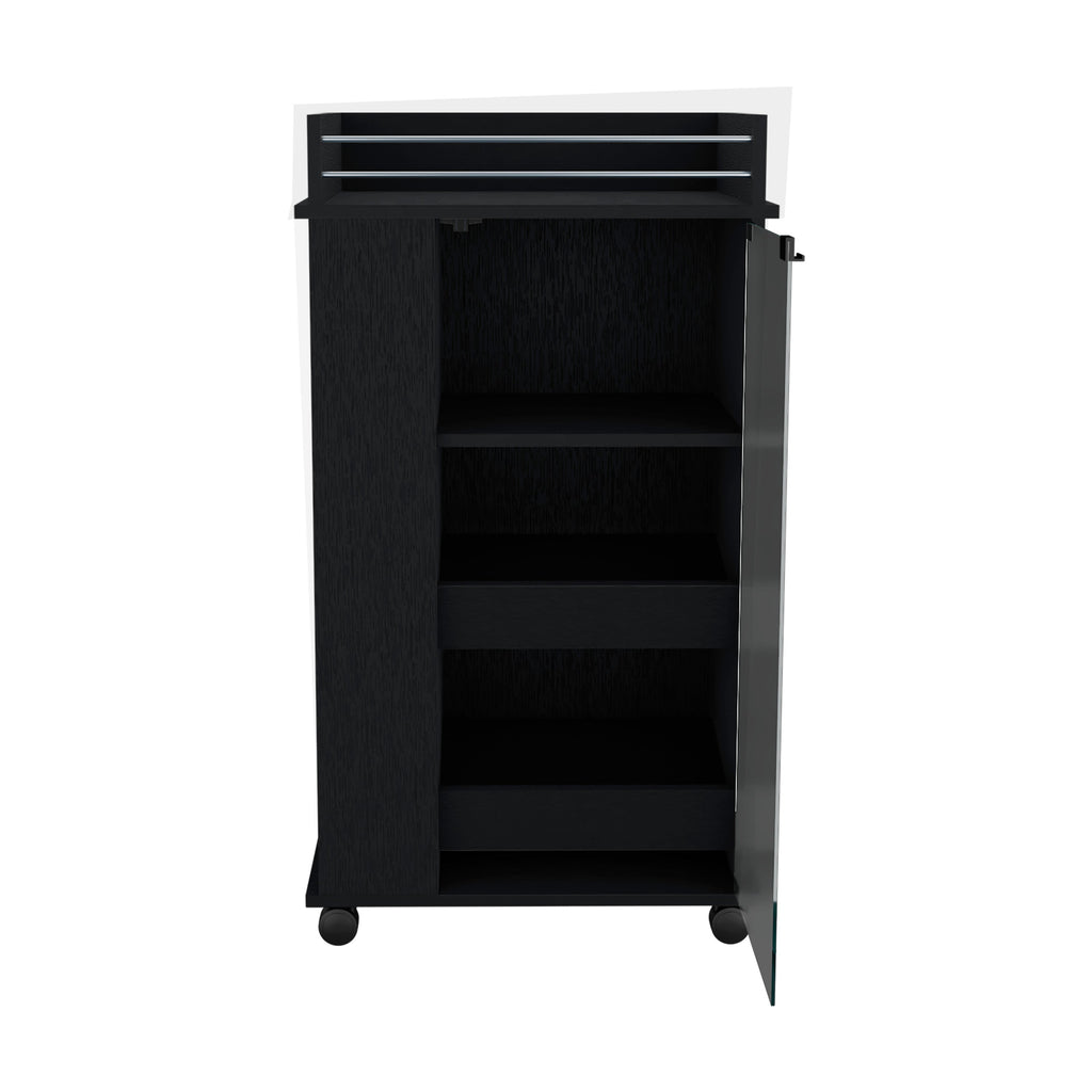 Bar Cart with Glass Door, 2-Side Shelves and Casters