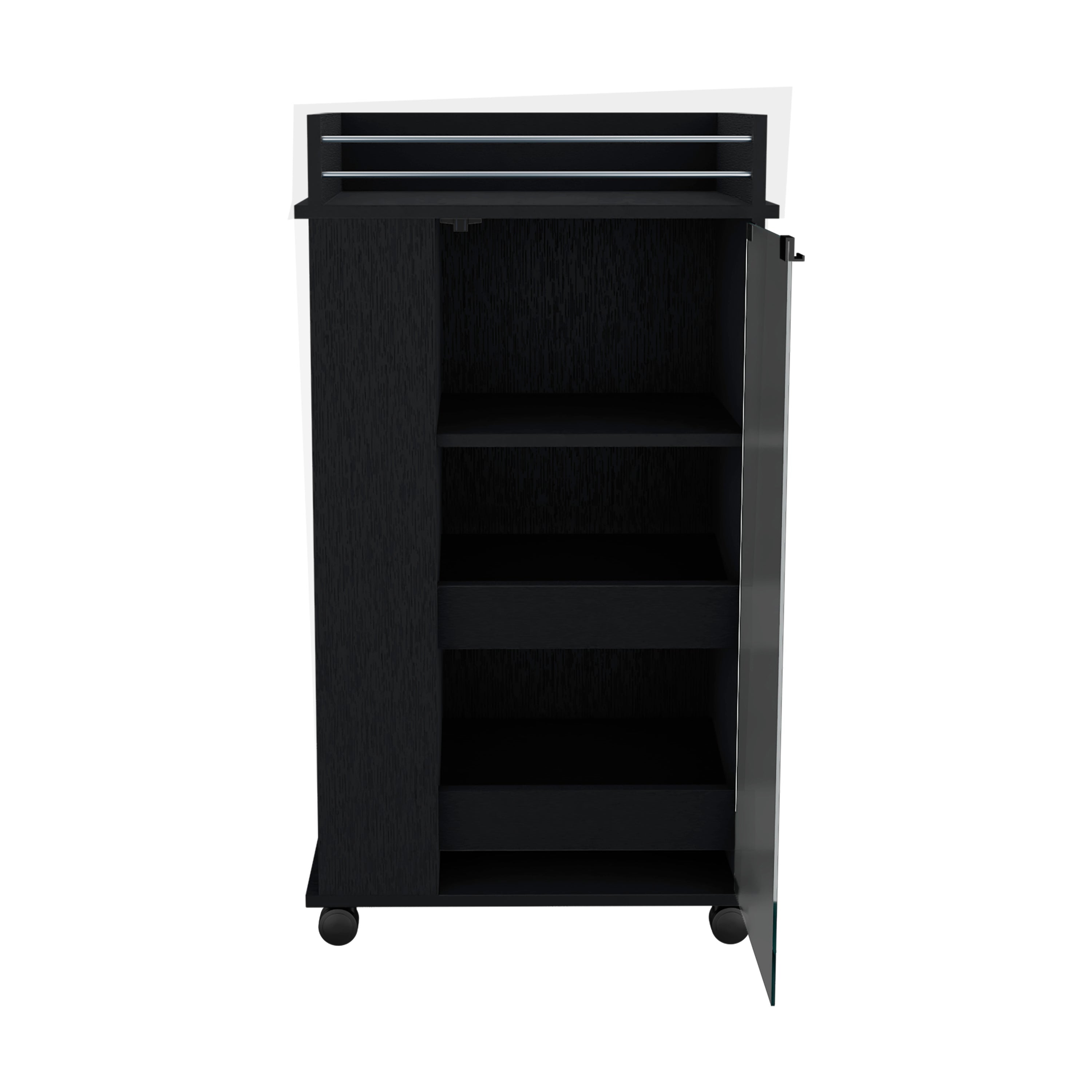 Bar Cart with Glass Door, 2-Side Shelves and Casters