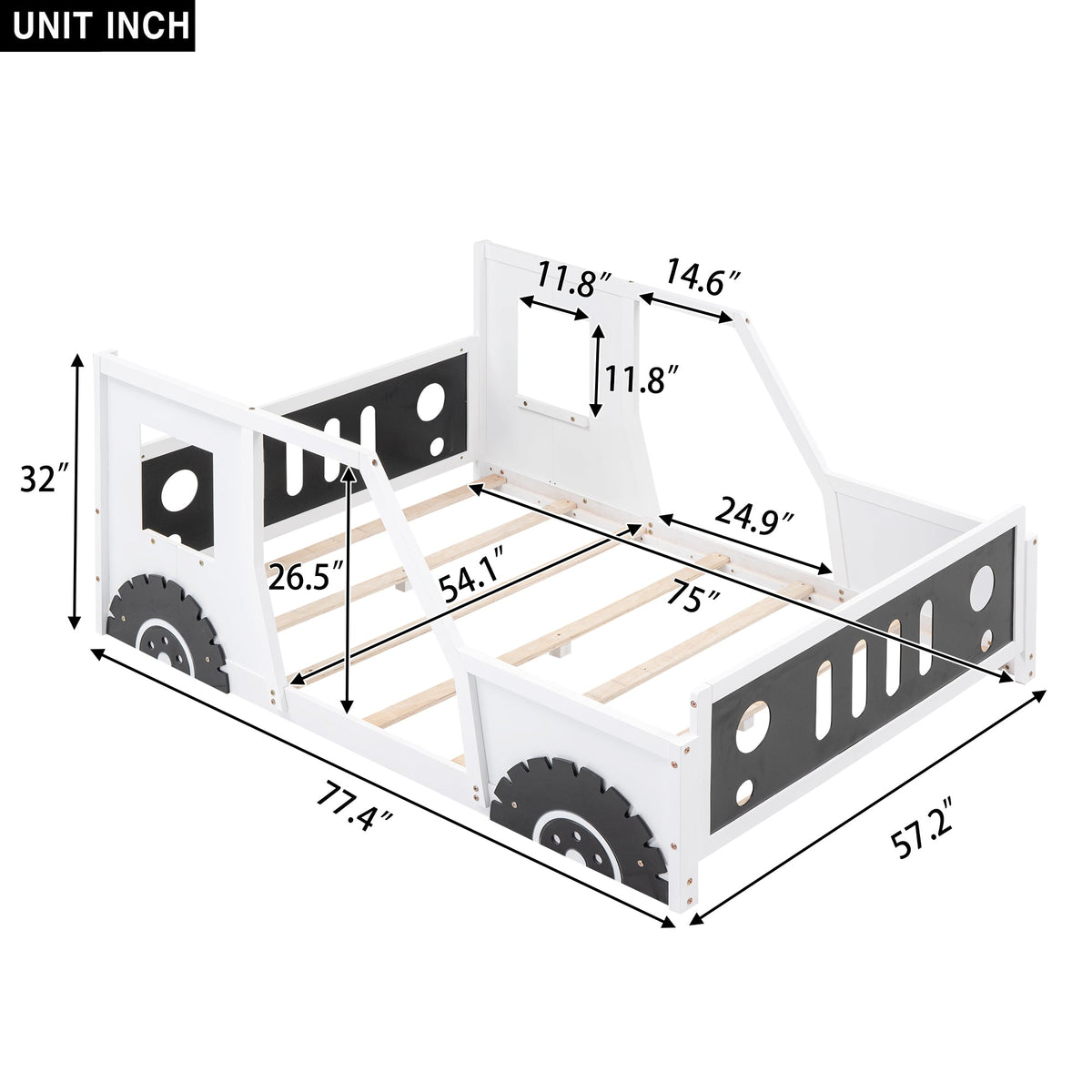 Full Size Classic Car-Shaped Platform Bed with Wheels