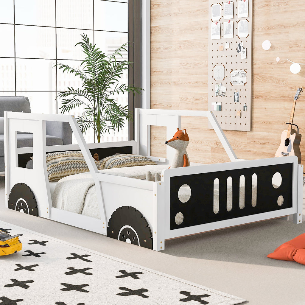 Full Size Classic Car-Shaped Platform Bed with Wheels