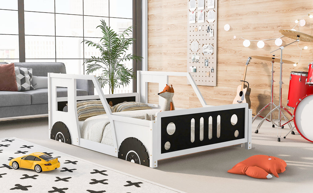 Full Size Classic Car-Shaped Platform Bed with Wheels