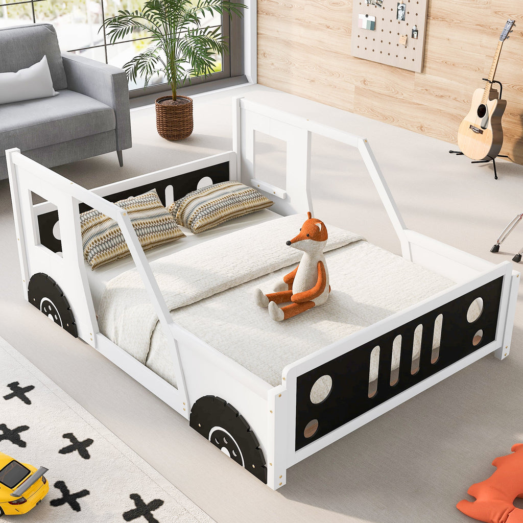 Full Size Classic Car-Shaped Platform Bed with Wheels