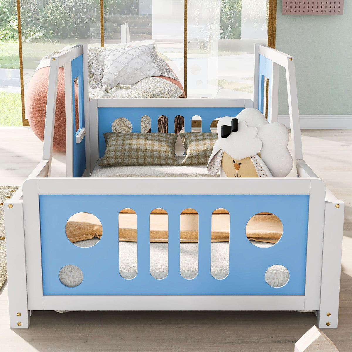 Twin Size Classic Car-Shaped Platform Bed with Wheels