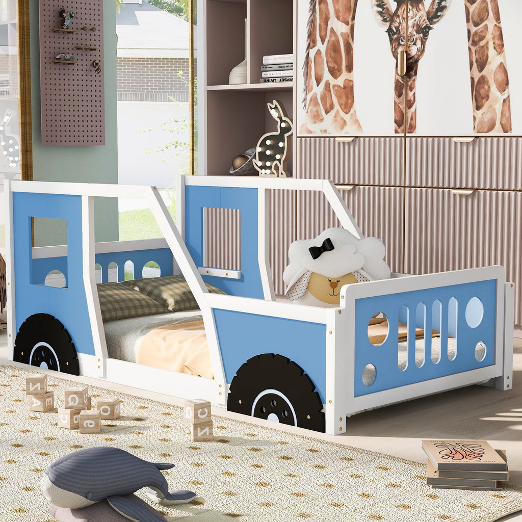 Twin Size Classic Car-Shaped Platform Bed with Wheels