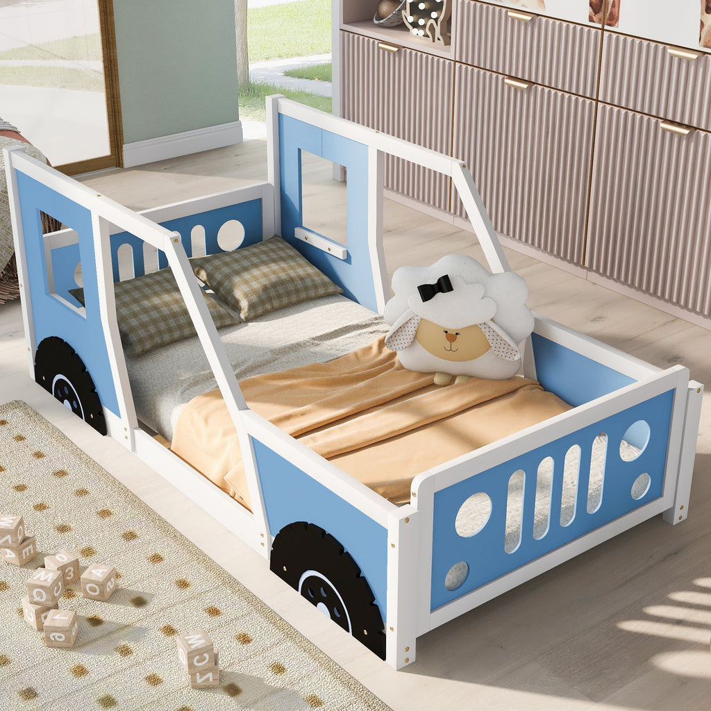 Twin Size Classic Car-Shaped Platform Bed with Wheels