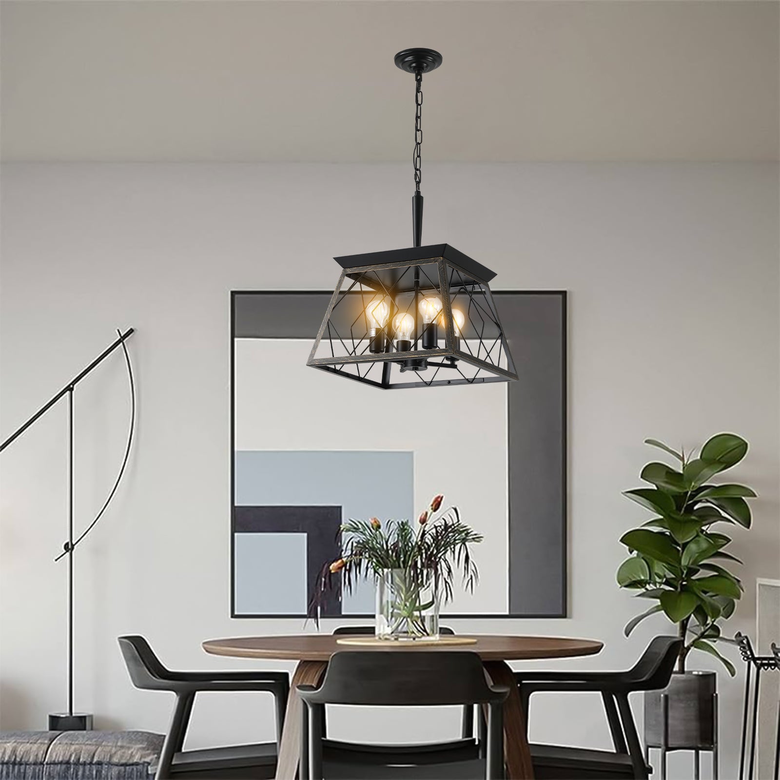 16" Black Gold Industrial 4-Light Pendant Chandelier