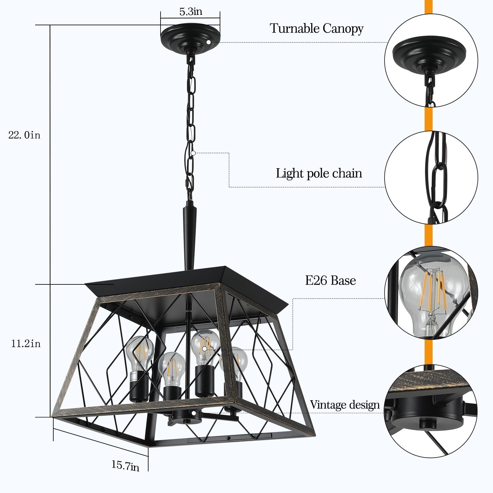 16" Black Gold Industrial 4-Light Pendant Chandelier