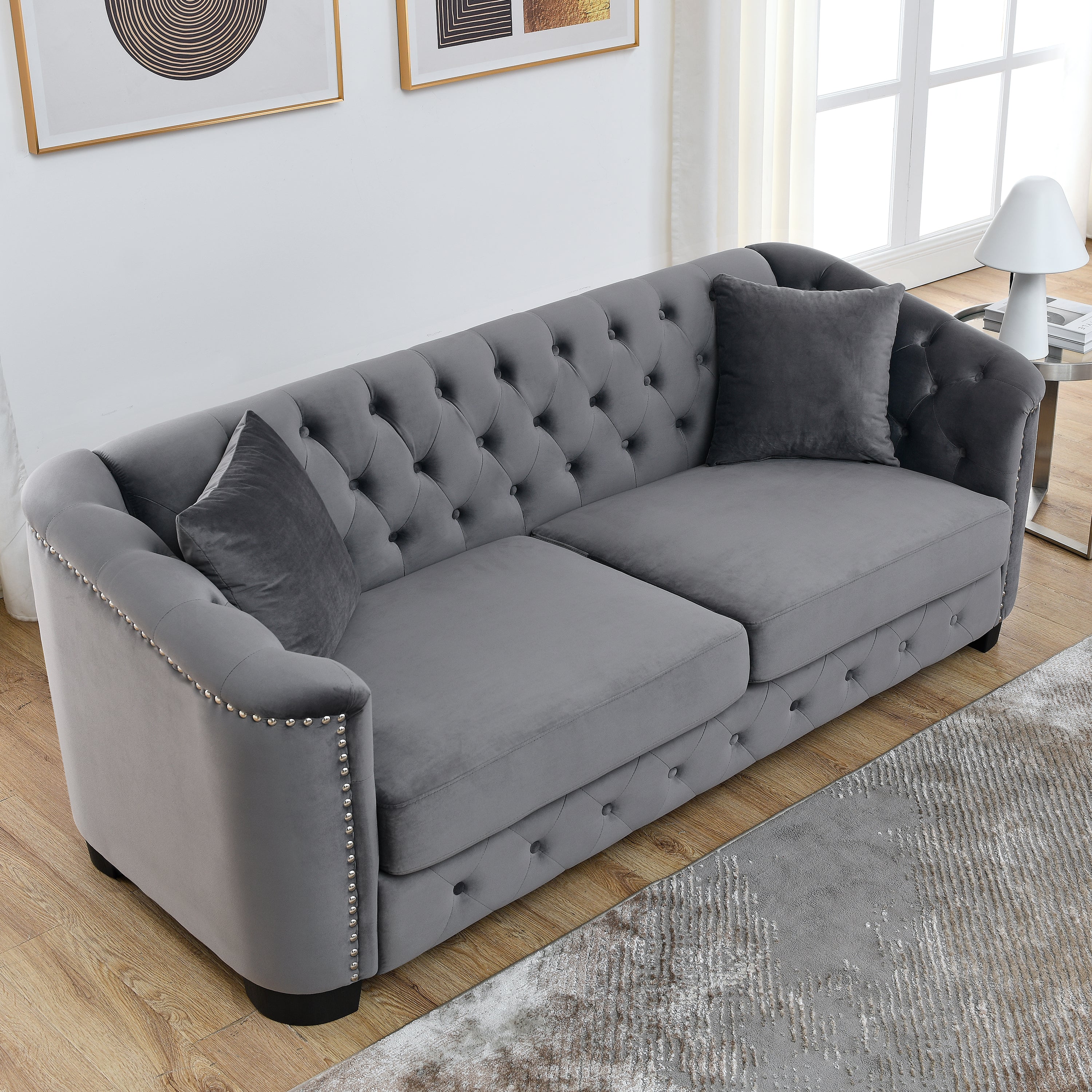 77-Inch Modern Chesterfield Velvet Sofa