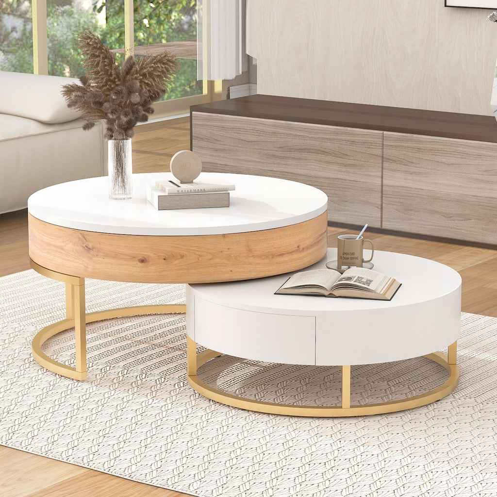 Modern Round Lift-Top Nesting Coffee Tables with 2 Drawers