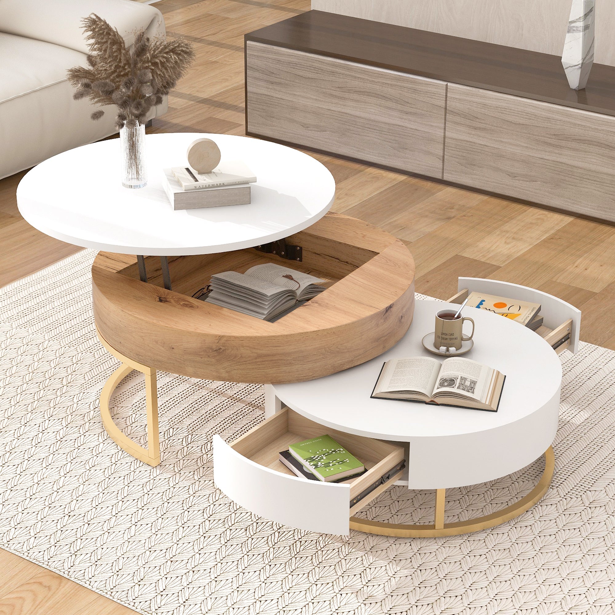 Modern Round Lift-Top Nesting Coffee Tables with 2 Drawers
