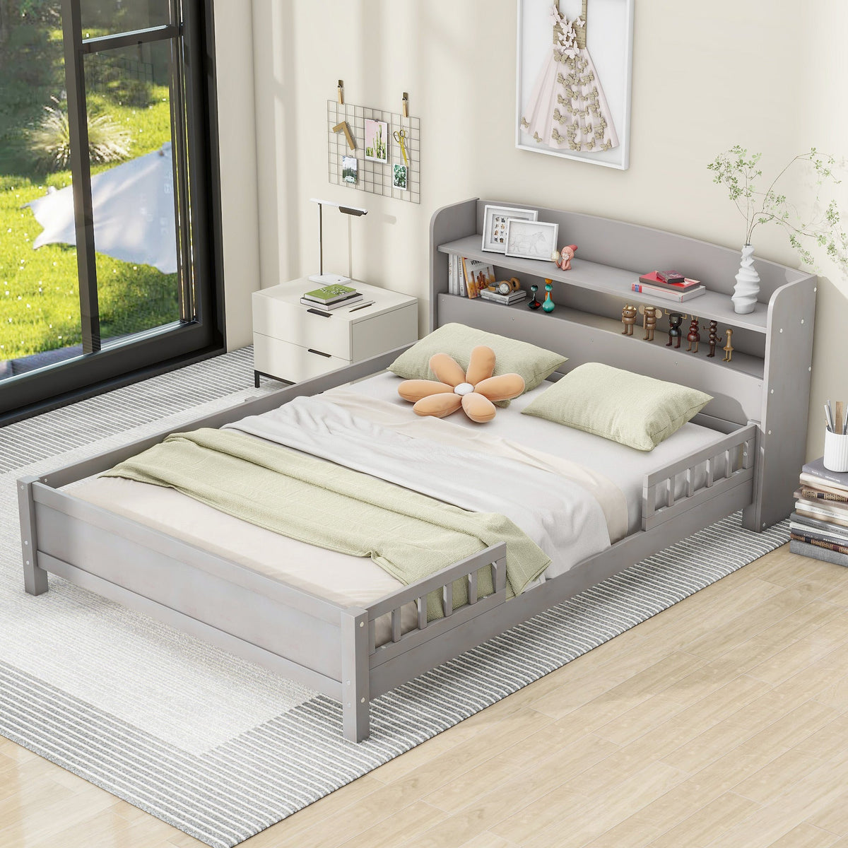 Wood Full Size Platform Bed With Built-in LED Light