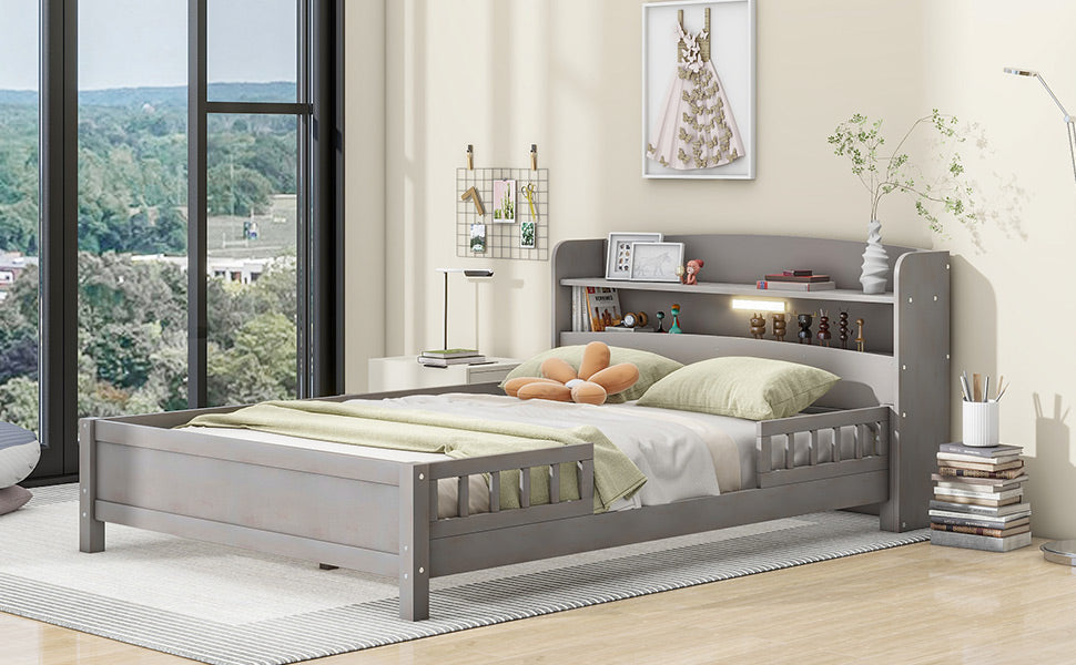 Wood Full Size Platform Bed With Built-in LED Light