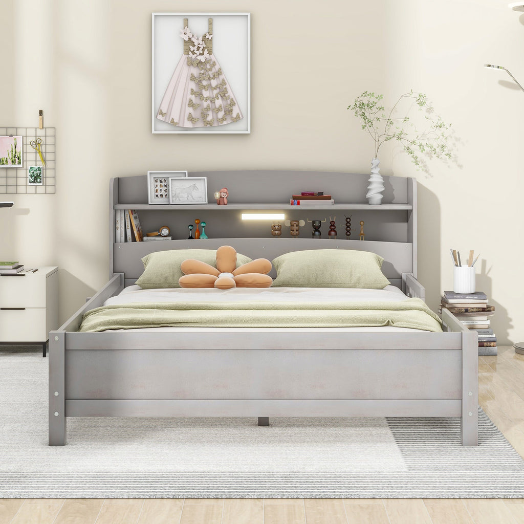 Wood Full Size Platform Bed With Built-in LED Light