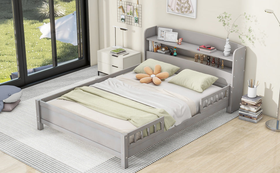 Wood Full Size Platform Bed With Built-in LED Light
