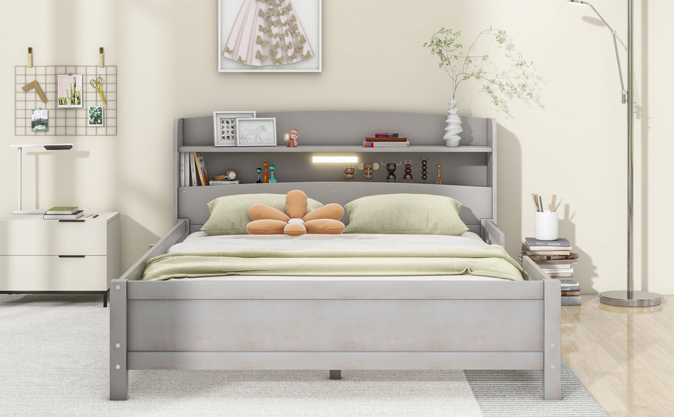 Wood Full Size Platform Bed With Built-in LED Light