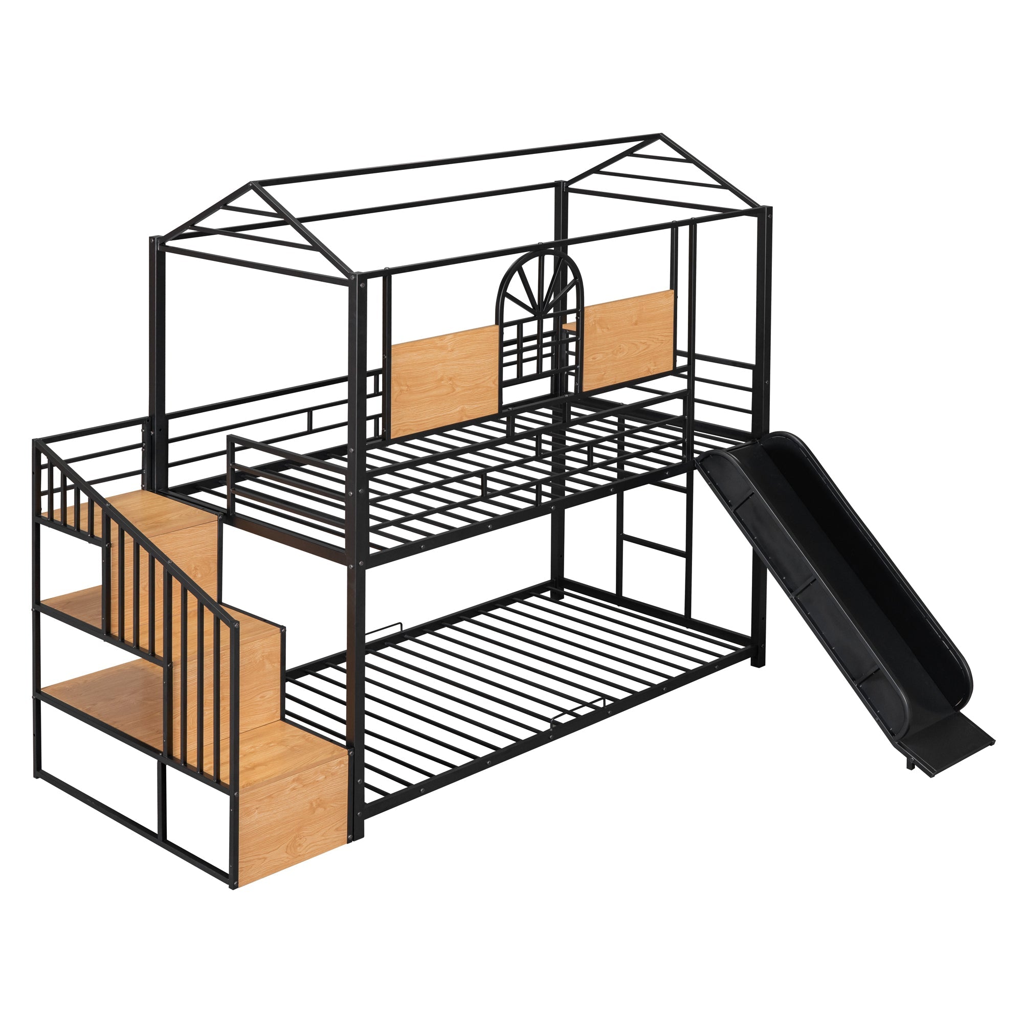 Twin Over Twin Metal Bunk Bed with Slide and Storage Stair