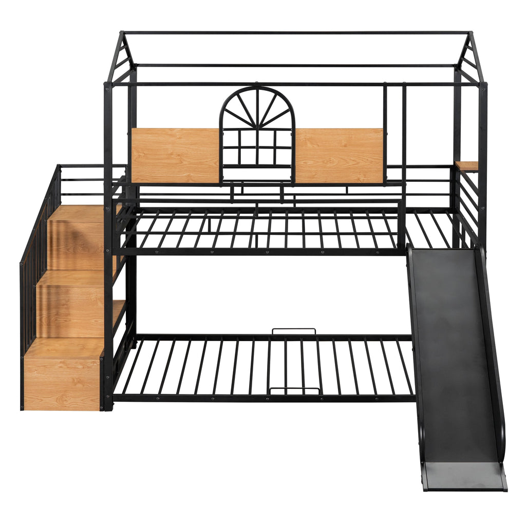 Twin Over Twin Metal Bunk Bed with Slide and Storage Stair