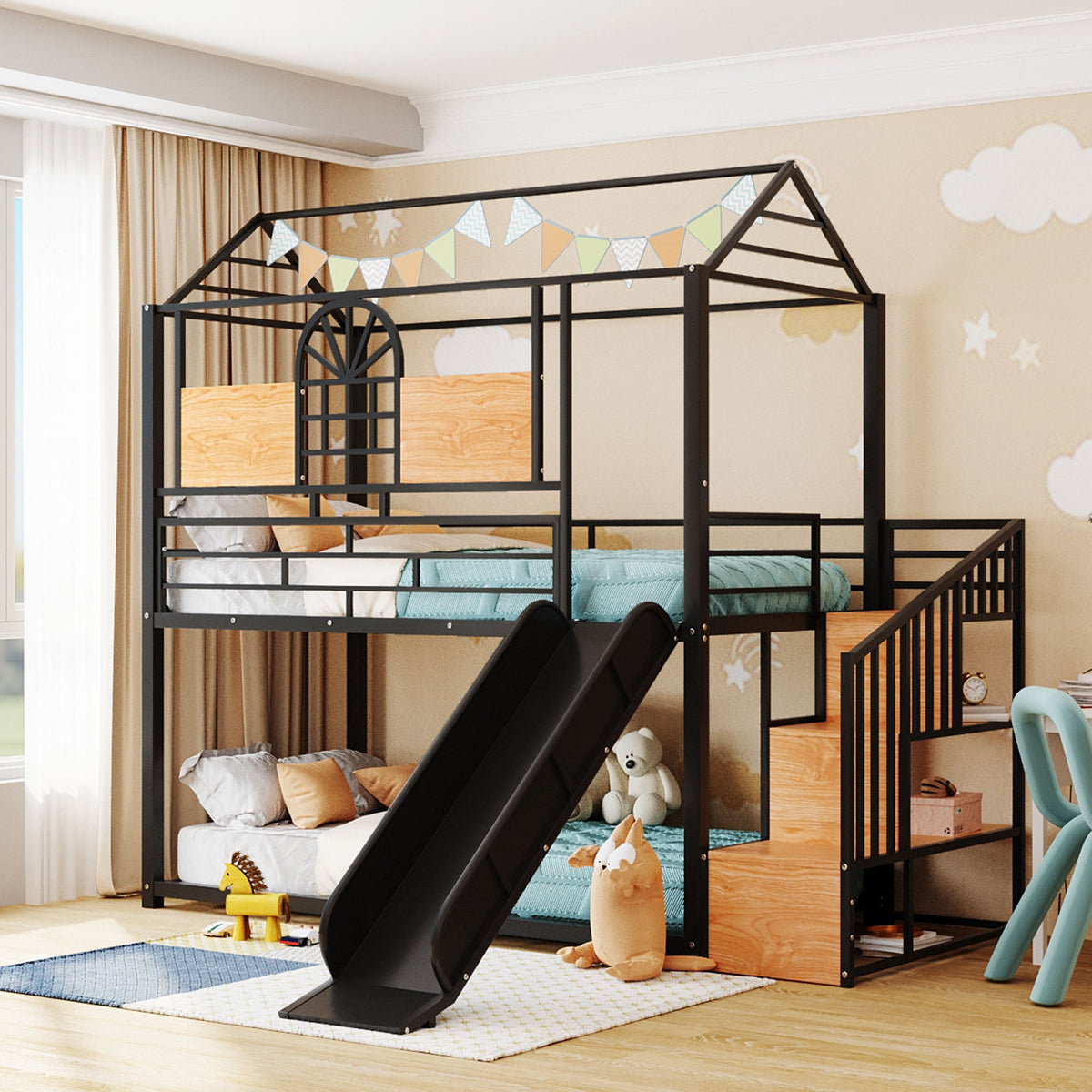 Twin Over Twin Metal Bunk Bed with Slide and Storage Stair