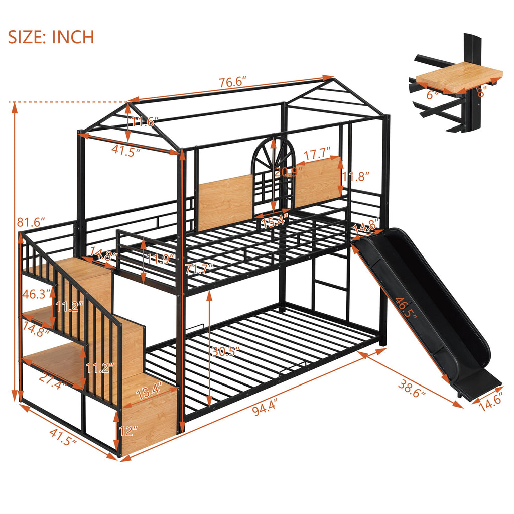 Twin Over Twin Metal Bunk Bed with Slide and Storage Stair