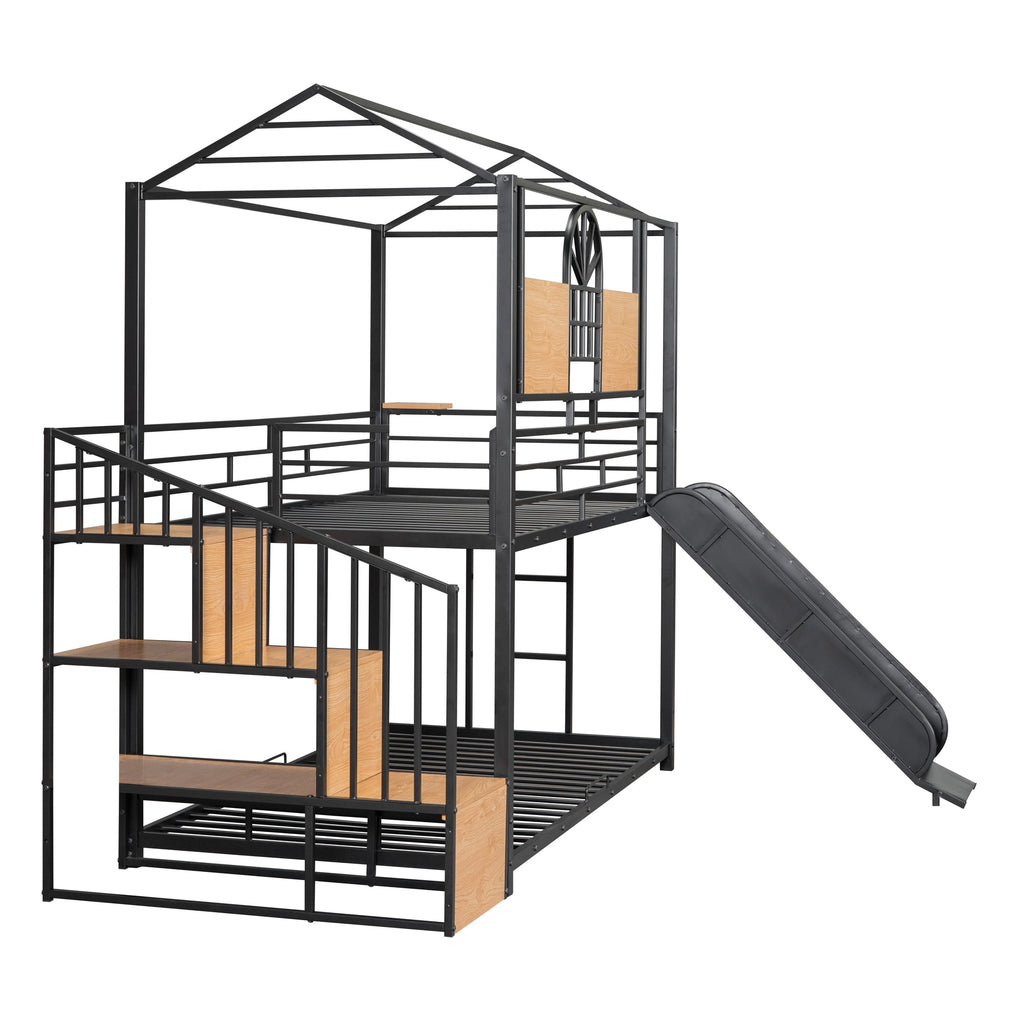 Twin Over Twin Metal Bunk Bed with Slide and Storage Stair