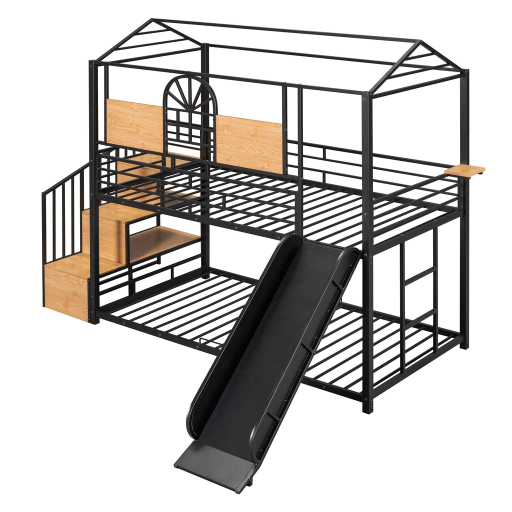 Twin Over Twin Metal Bunk Bed with Slide and Storage Stair
