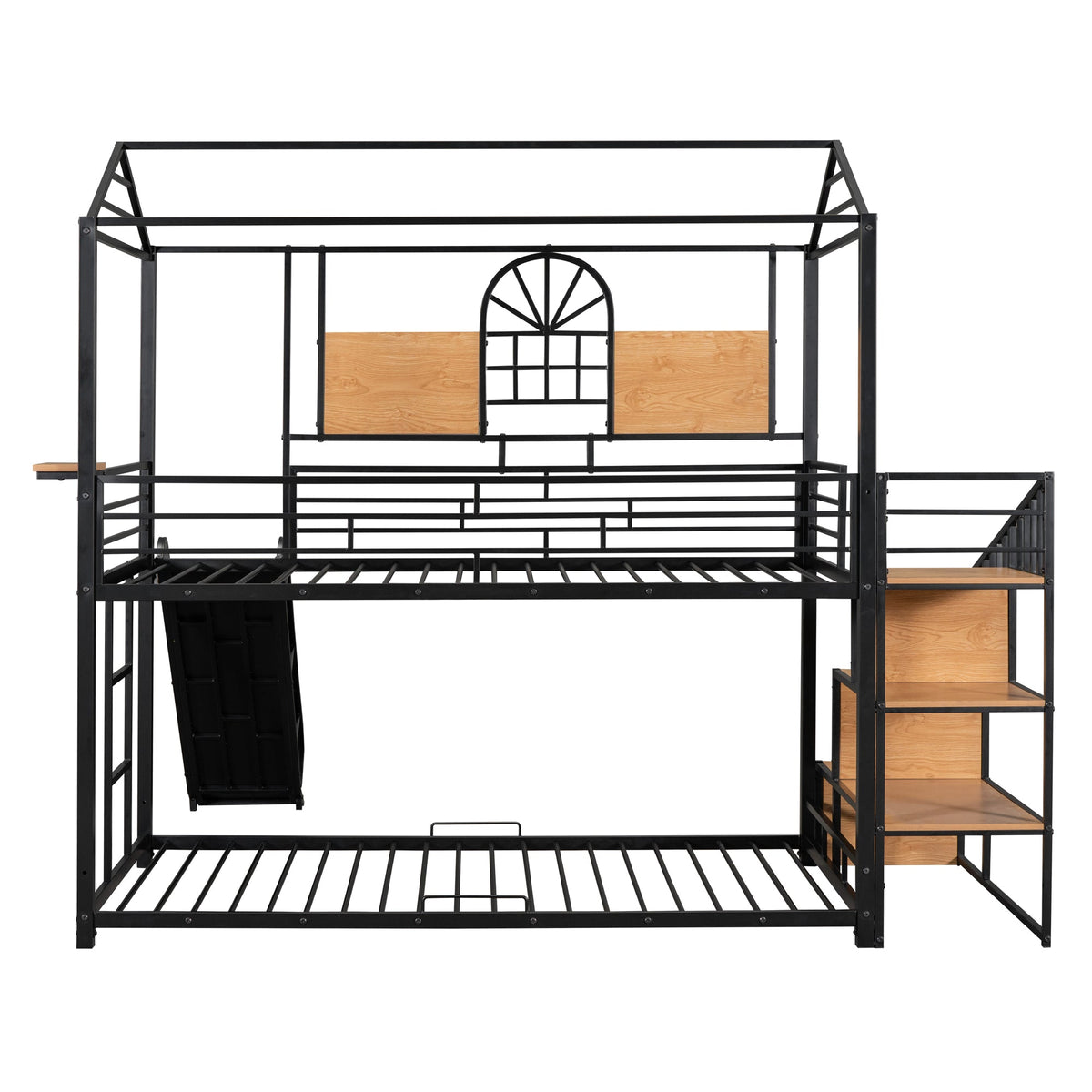 Twin Over Twin Metal Bunk Bed with Slide and Storage Stair