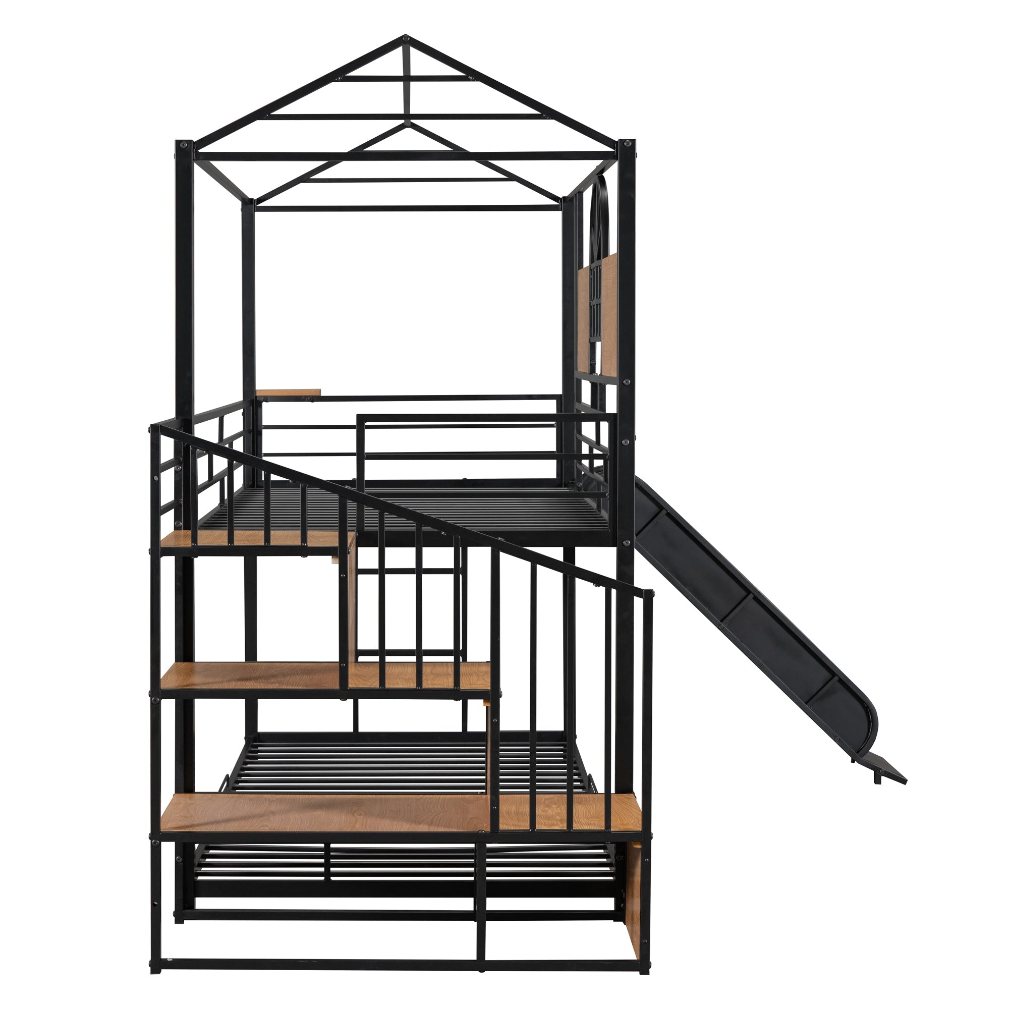 Twin Over Twin Metal Bunk Bed with Slide and Storage Stair
