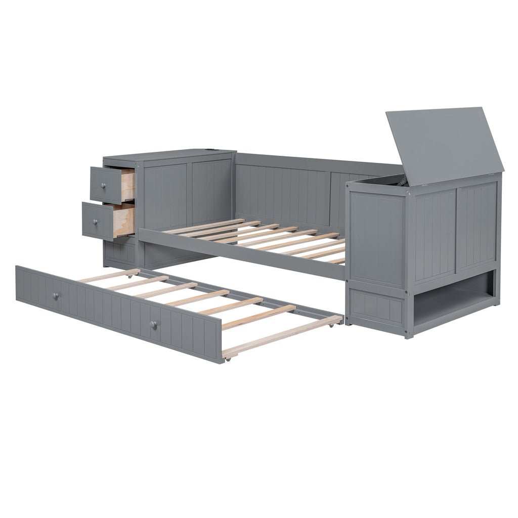 Twin Size Daybed with Storage Arms, Trundle and Charging Station