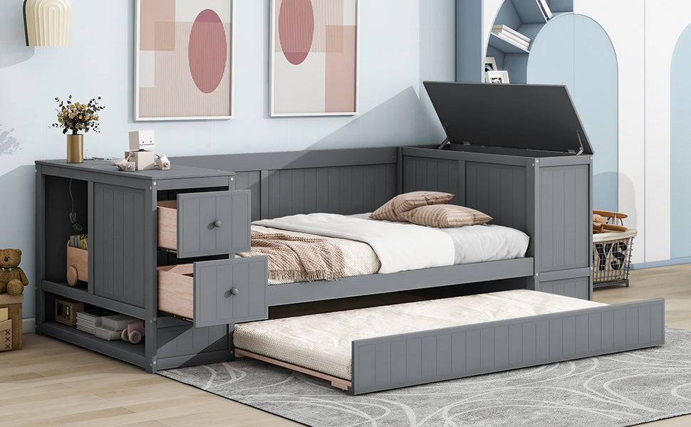 Twin Size Daybed with Storage Arms, Trundle and Charging Station