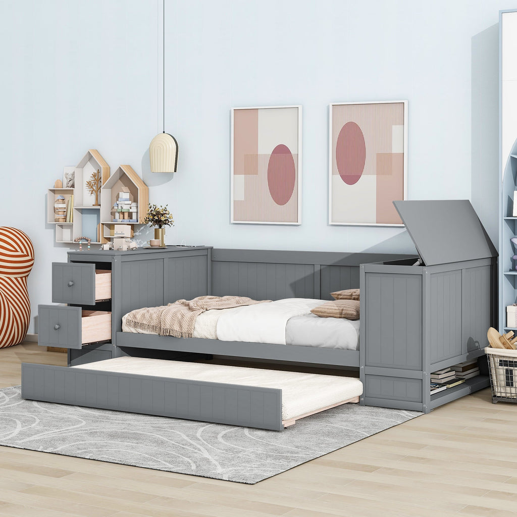 Twin Size Daybed with Storage Arms, Trundle and Charging Station