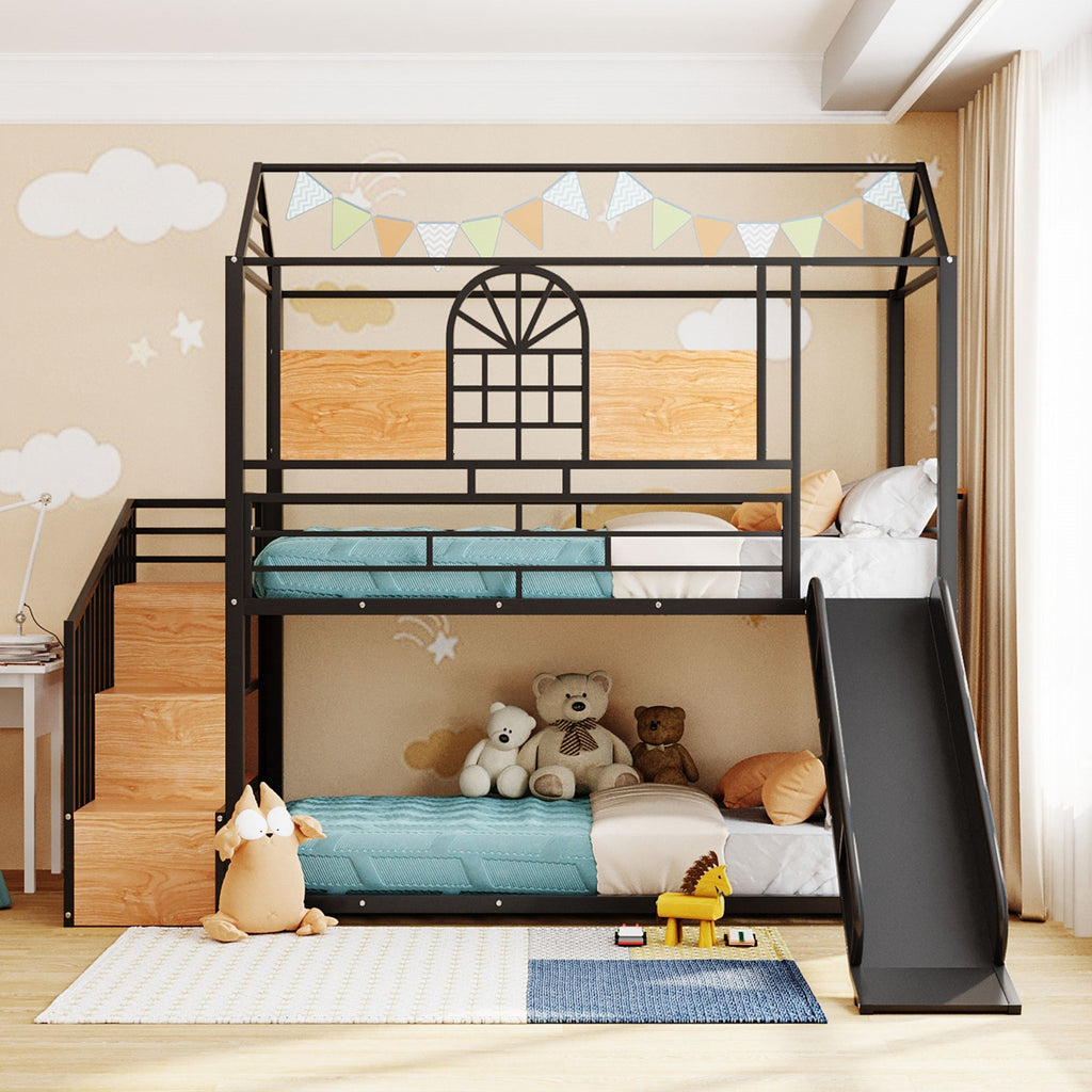 Twin Over Twin Metal Bunk Bed with Slide and Storage Stair