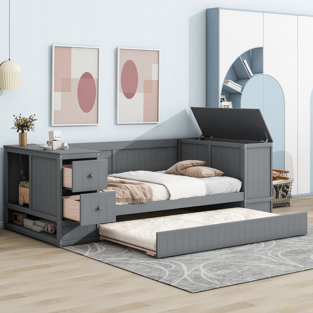 Twin Size Daybed with Storage Arms, Trundle and Charging Station