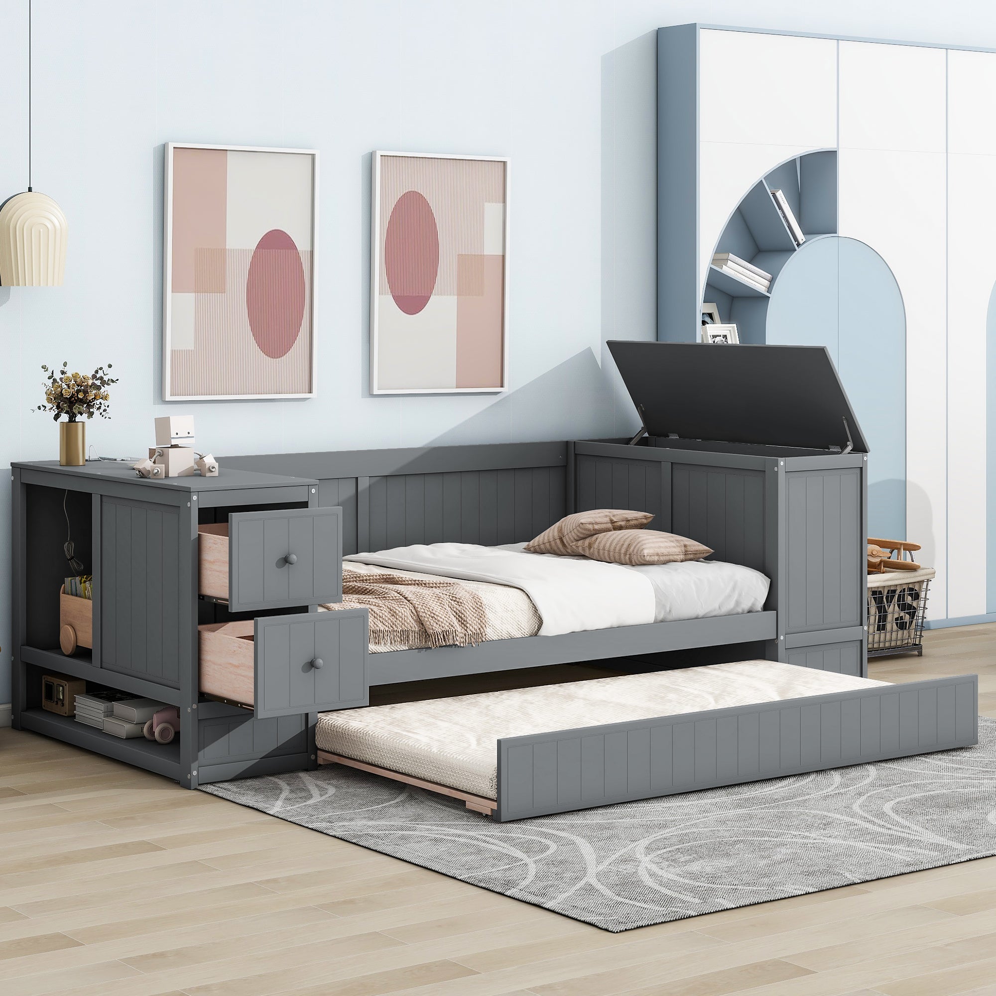 Twin Size Daybed with Storage Arms, Trundle and Charging Station