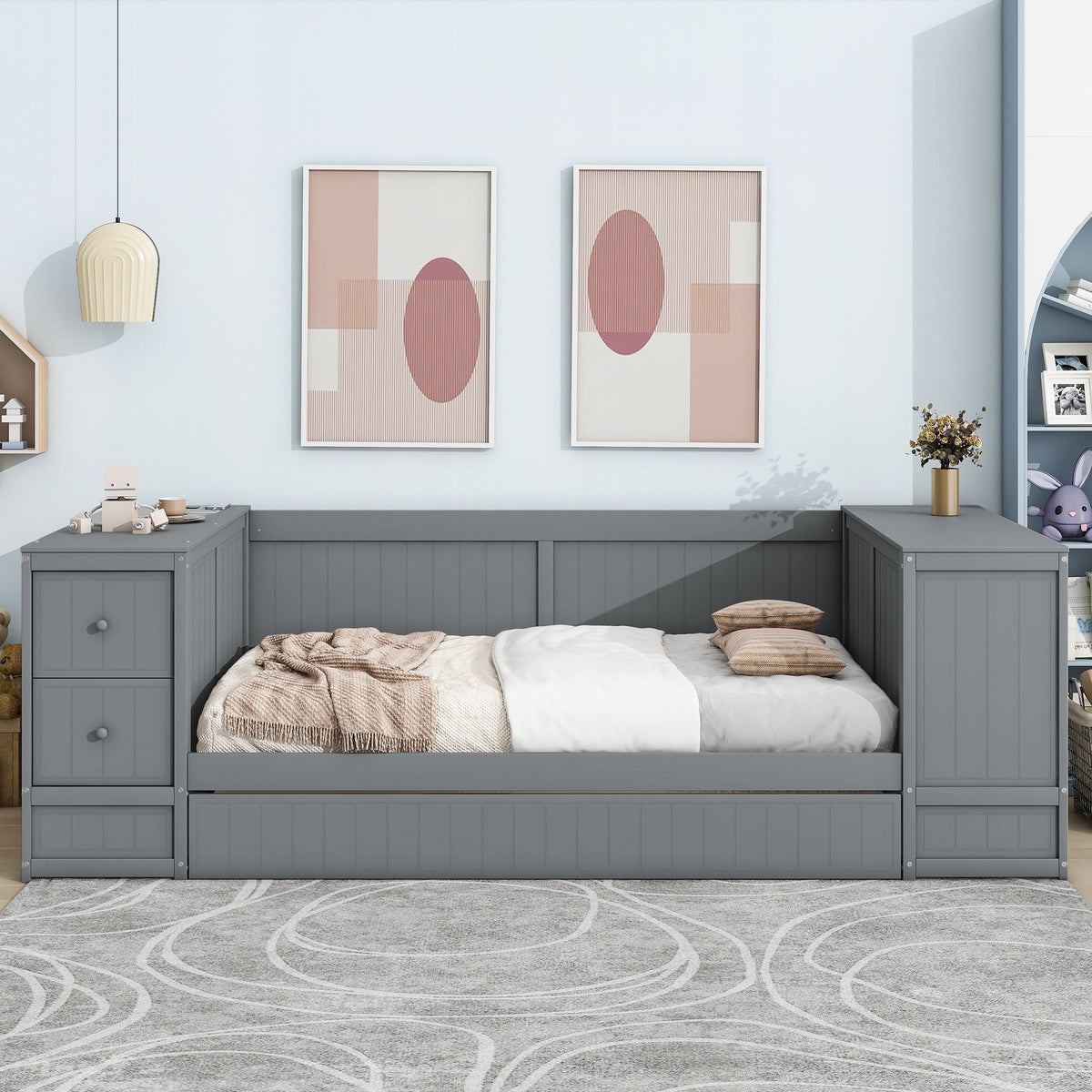 Twin Size Daybed with Storage Arms, Trundle and Charging Station