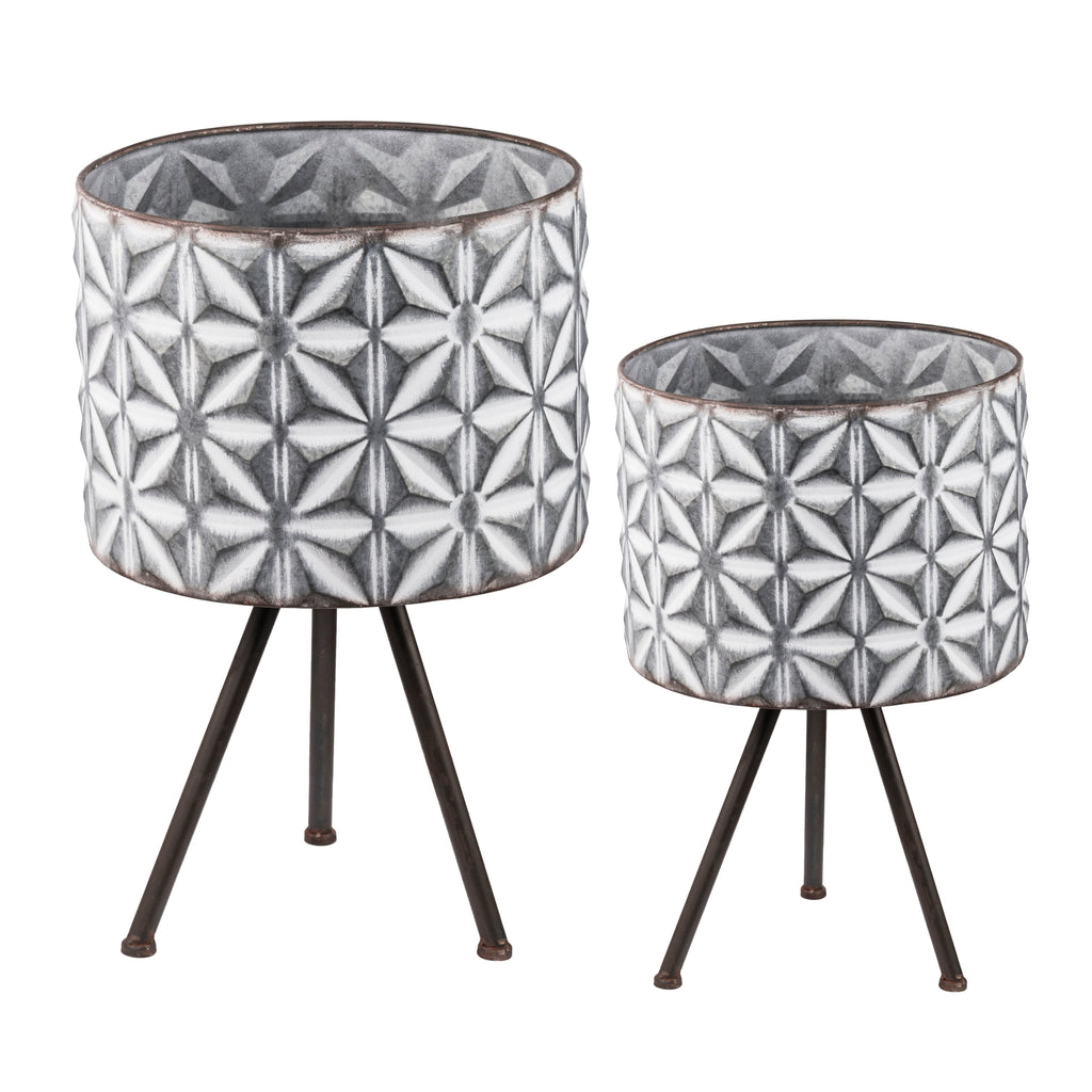 Set of 2 Round Galvanized Metal Planter Stands