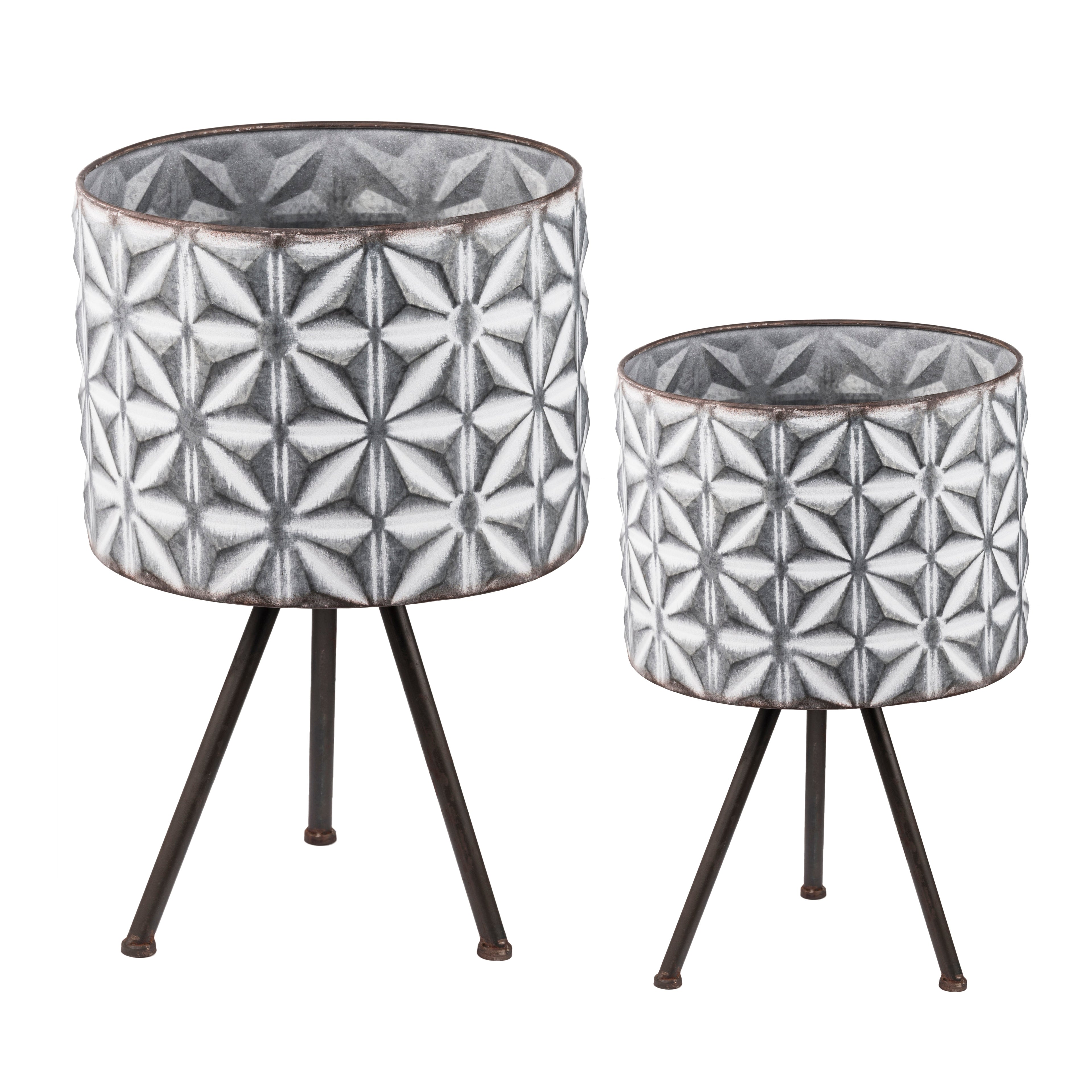 Set of 2 Round Galvanized Metal Planter Stands