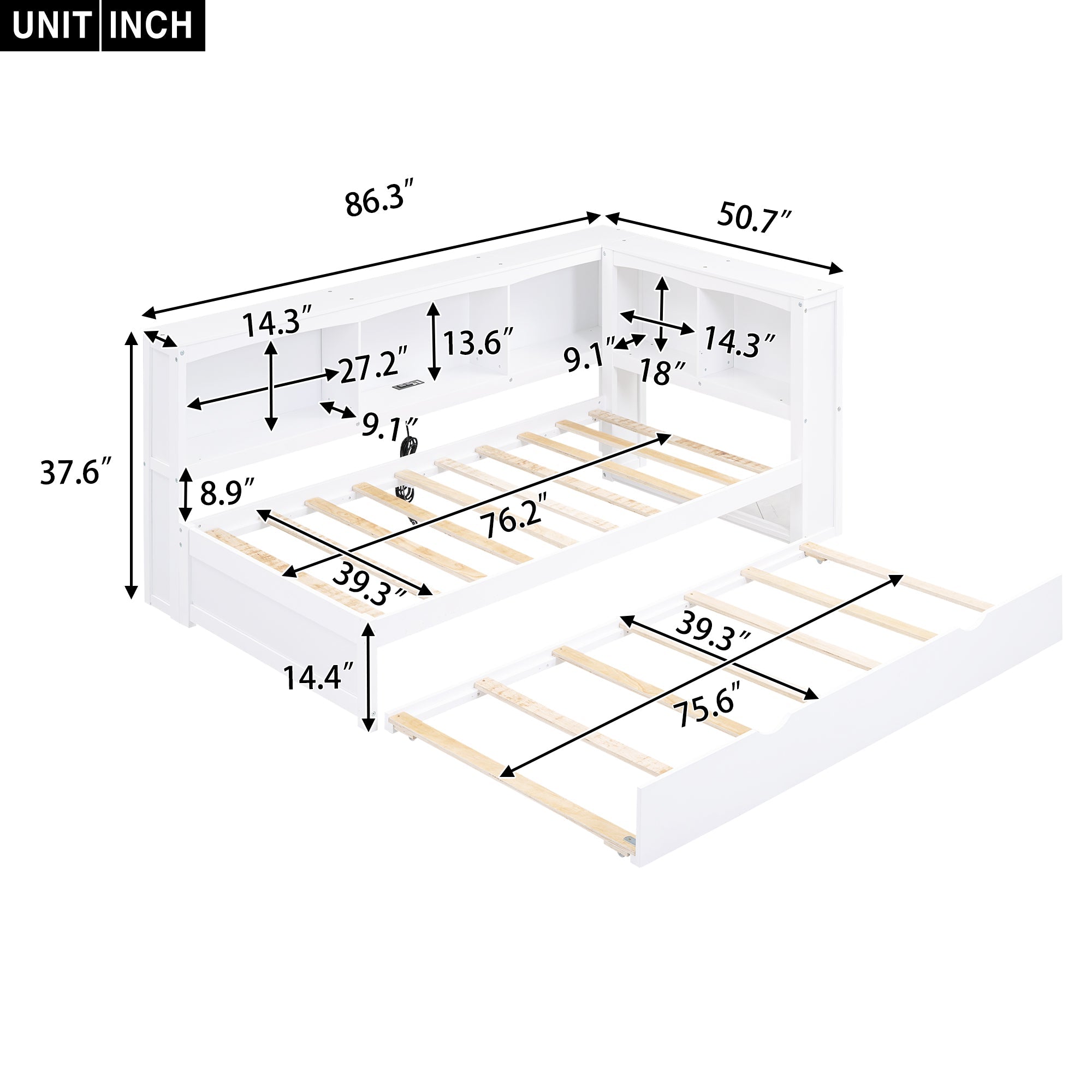 Twin Size Daybed With Trundle, Storage Cabinets & USB Ports