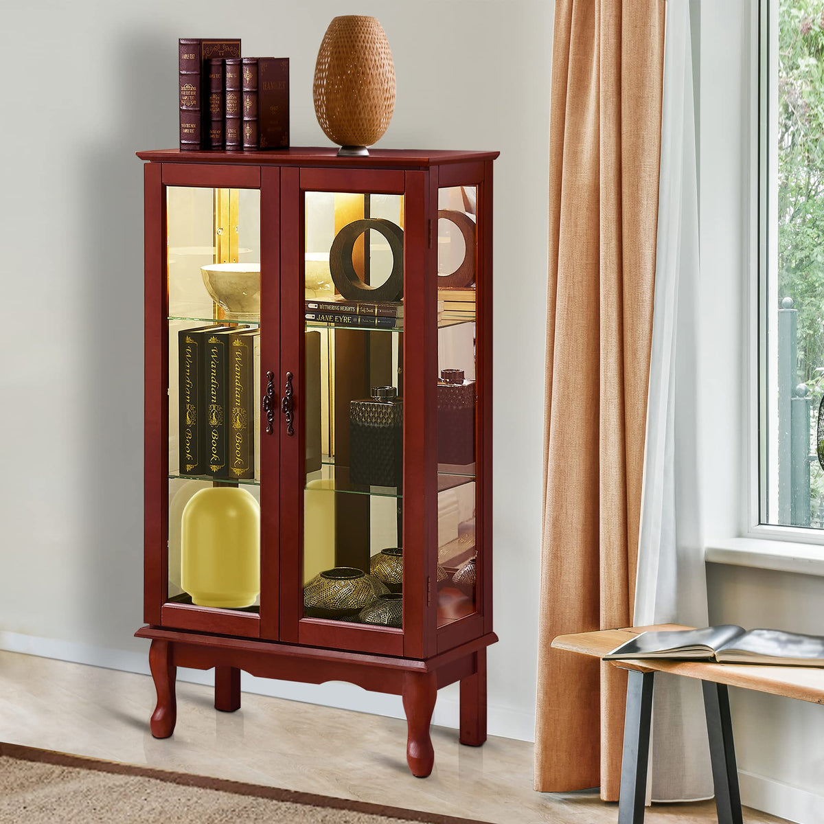 Lighted Cherry Curio Cabinet with Adjustable Shelves