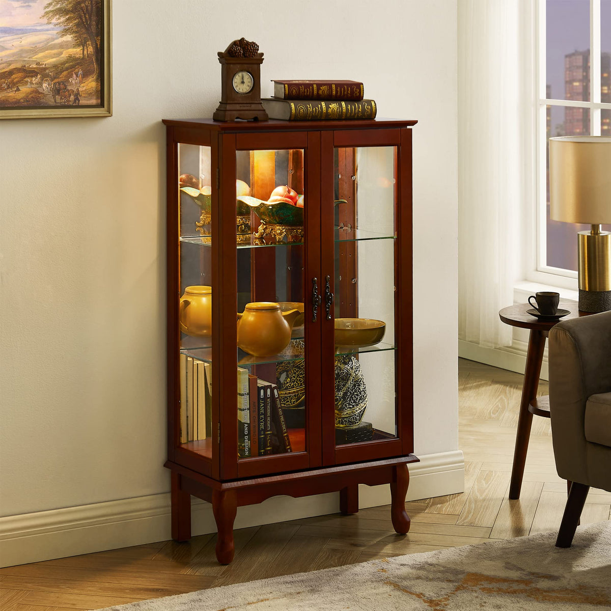 Lighted Cherry Curio Cabinet with Adjustable Shelves