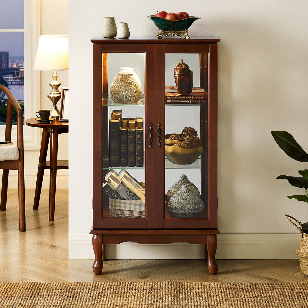 Lighted Curio Cabinet with Adjustable Shelves and Mirrored Back Panel